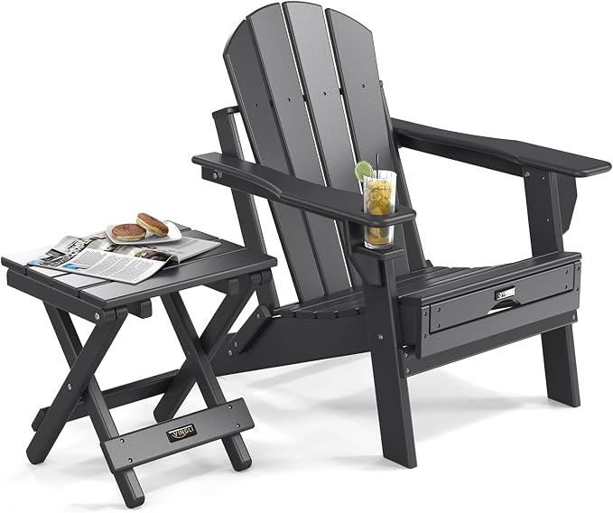 VINGLI Small HDPE Folding Side Table, Plastic Waterproof Portable Adirondack Coffee End Tables, All Weather for Patio, Backyard, Pool, Indoor Use, Slats Style, Black