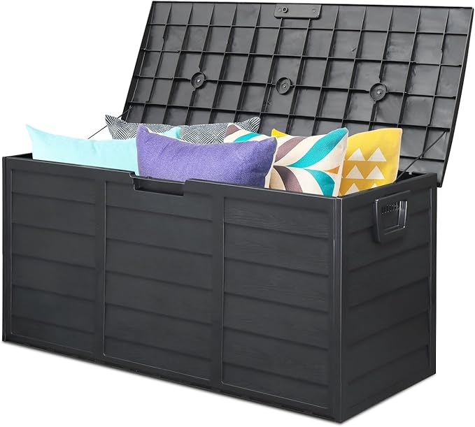 75 Gallon Outdoor Storage Deck Box-Organization and Outdoor box Storage for Patio Furniture Outdoor Cushions, Pillows, Garden Tools, 44""L x 21.3""W x 19""H Polypropylene Resin, Black