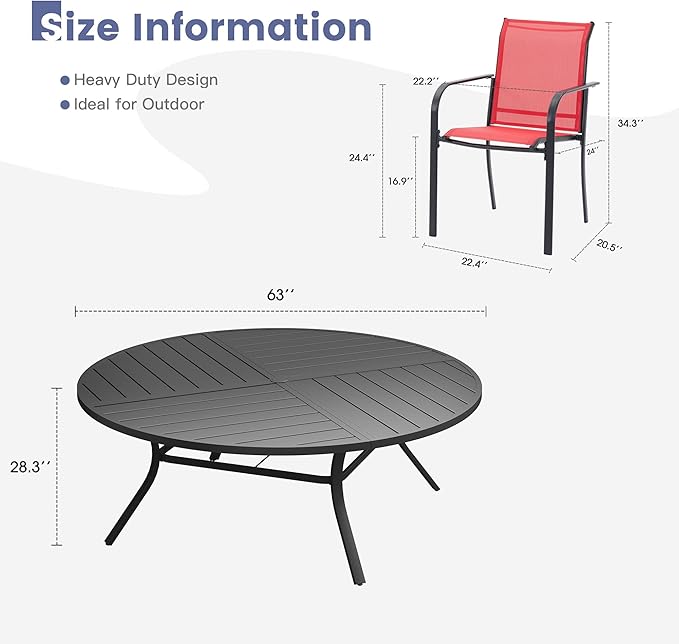 VICLLAX 11 Pieces Round Patio Dining Set, Patio Furniture Set of 10 Patio Stackable Dining Chairs and 63" Outdoor Spliced Tabletop with Umbrella Hole, Red Chairs and Black Table