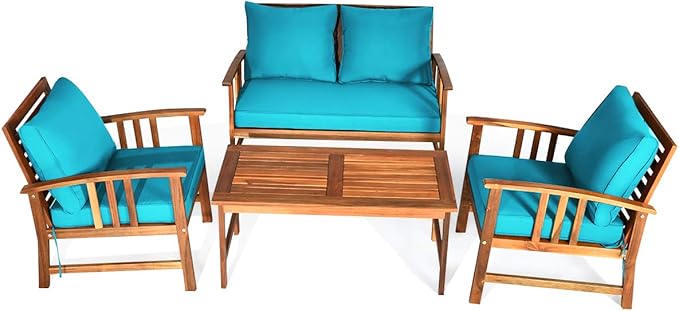Tangkula 4 PCS Acacia Wood Patio Furniture Set, Outdoor Seating Chat Set w/Gray Cushions Back Pillow, Outdoor Conversation Set w/Coffee Table for Garden, Backyard, Poolside (Turquoise)