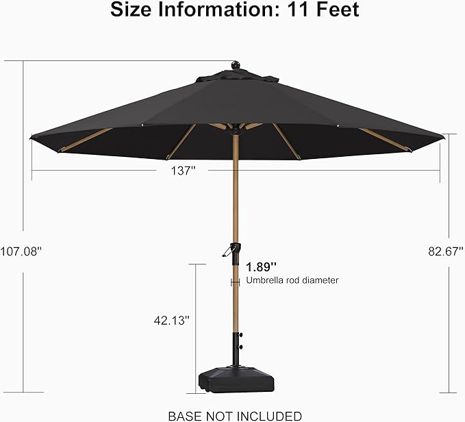 PURPLE LEAF 11 Feet Patio Umbrella Outdoor Table Umbrella Round Aluminum Market Umbrella with 8 Sturdy Ribs & Crank Commercial Outdoor Umbrellas for Garden Deck Patio, Black