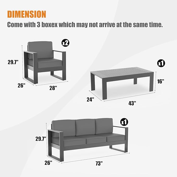 4 Piece Modern Aluminum Patio Furniture Set, Outdoor Patio Sectional Conversation Metal Seating Sets with Olefin Cushion and Coffee Table