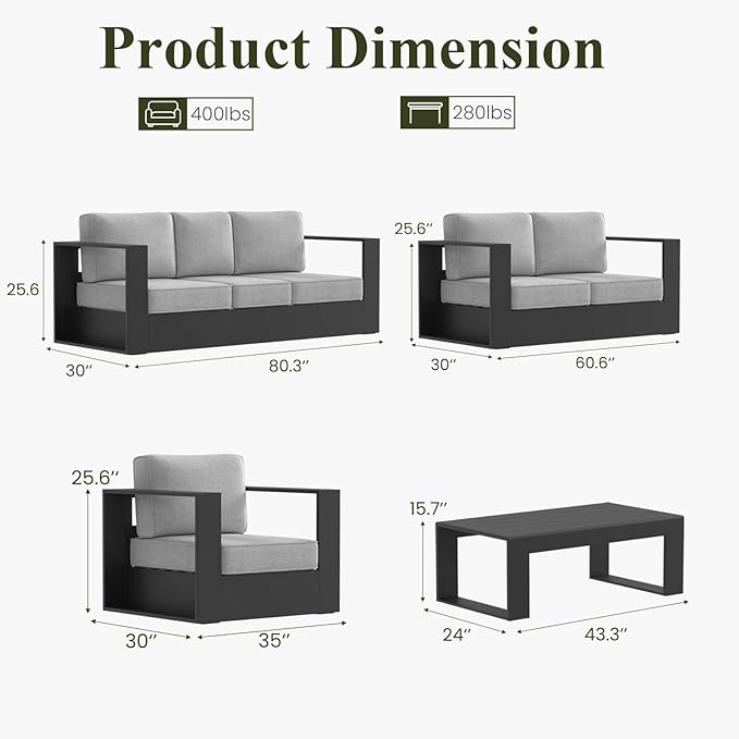 LayinSun Oversized Aluminum Outdoor Furniture Set, 5 Piece Patio Sofa Sets with Coffee Table, Deep Seating and Upgraded 6-inch Cushions for Porch, Balcony, Deck