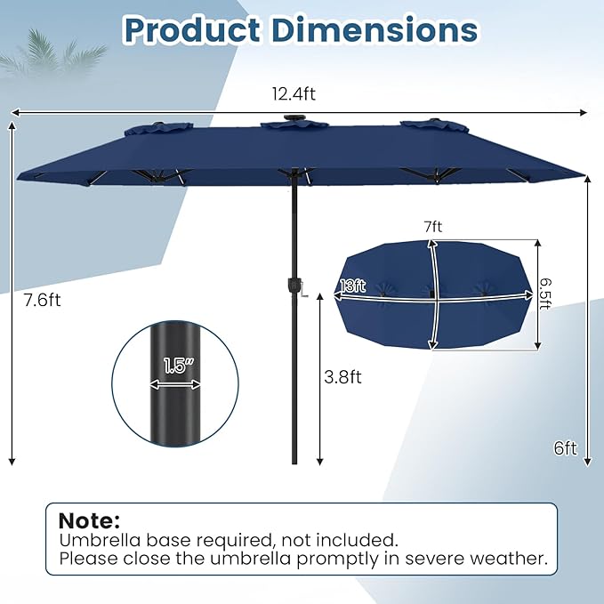 Tangkula 13 Ft Solar Patio Umbrella, Double-Sided Extra Large Outdoor Market Table Umbrella with Multi-Colored Flowing LED Lights, Crank Handle, 12 Sturdy Ribs for Poolside, Garden & Backyard (Navy)