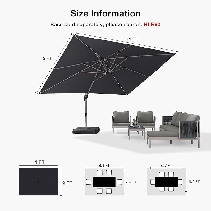 PURPLE LEAF 9' X 11' Patio Umbrella, Rectangle Outdoor Cantilever Umbrella, Aluminum Offset Umbrella with Champagne Frame and 360° Rotation for Pool Deck Garden, Black