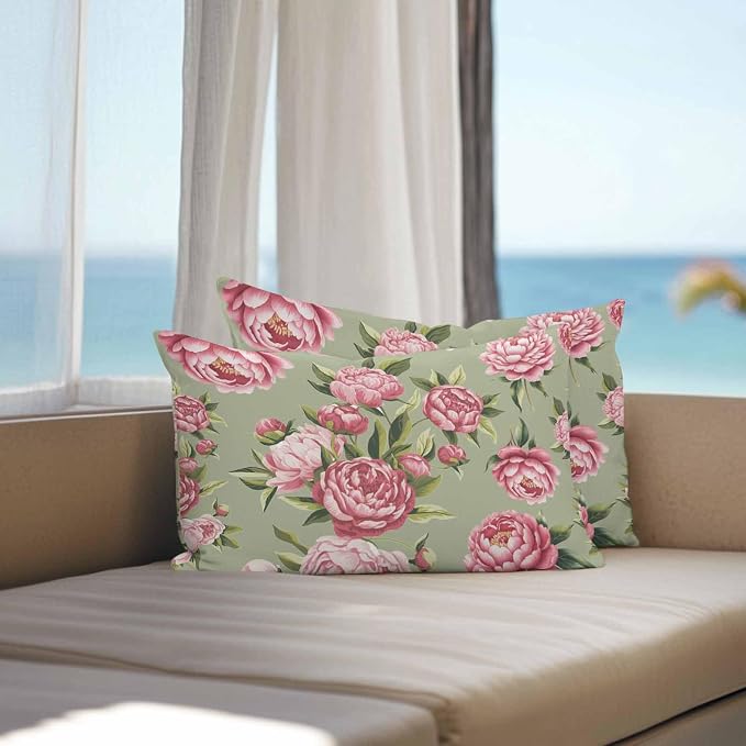 Vandarllin Outdoor Throw Pillows Covers 20x12 inch Set of 2 Waterproof Pink Rose Floral Decorative Zippered Cushion Covers for Patio Furniture, Sage Green Leaves Flowers Lumbar Pillowcases