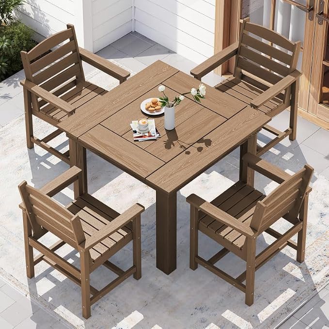 KINGYES HDPE Outdoor Dining Set for 4 with Umbrella, 6-Piece Square Patio Table & Armchairs, All-Weather for Backyard, Garden, Lawn & Poolside, Brown