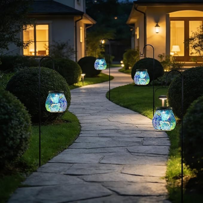 Stargarden 4 Pack Mosaic Solar Lantern ,Outdoor Hanging Waterproof Mosaic Light Solar Table Lamp for Garden ,Patio,Yard Decor (Blue )