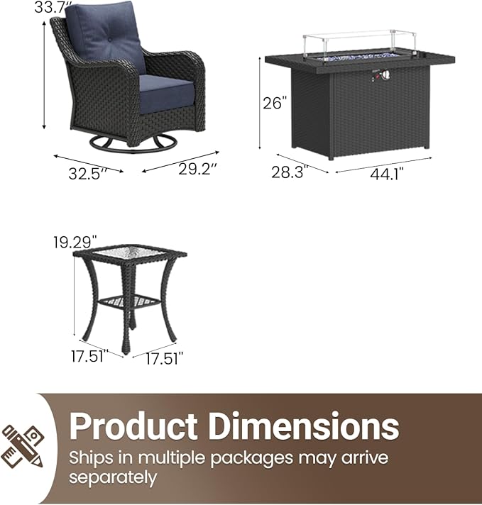 7 Pieces Outdoor Furniture Set with 6-inch Cushions, High Back Wicker Swivel Rocker Chairs with Fire Pit Table, Luxury Conversation Set for Deck Patio and Poolside
