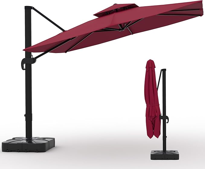 10x10 FT Square Outdoor Umbrella with Base, Cantilever Patio Umbrella with 360° Rotation & Adjustable Height, Heavy Duty Aluminum Umbrella Outdoor Patio for Garden Poolside,Burgundy Red