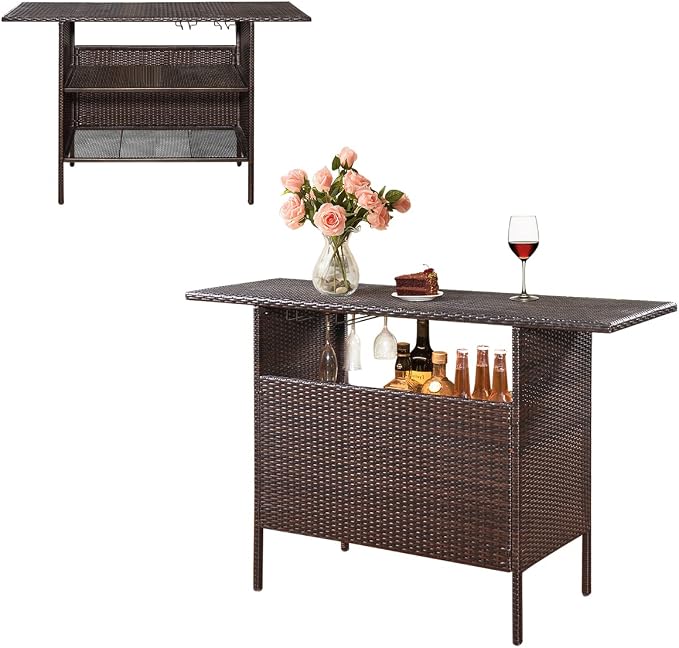 ReunionG Outdoor Wicker Bar Patio Rattan Counter Table with 2 Steel Shelves, 55.1" x 18.5" x 36.2"(L x W x H), Brown