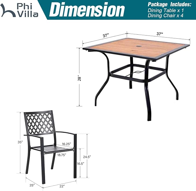PHI VILLA Patio Dining Set for 4,4 Stackable Chairs&37" Square Metal Table | 37" Square Metal Table with Polywood Top & Stackable Wrought Iron Chairs, Outside Furniture for Patio, Deck, Porch, Backyard