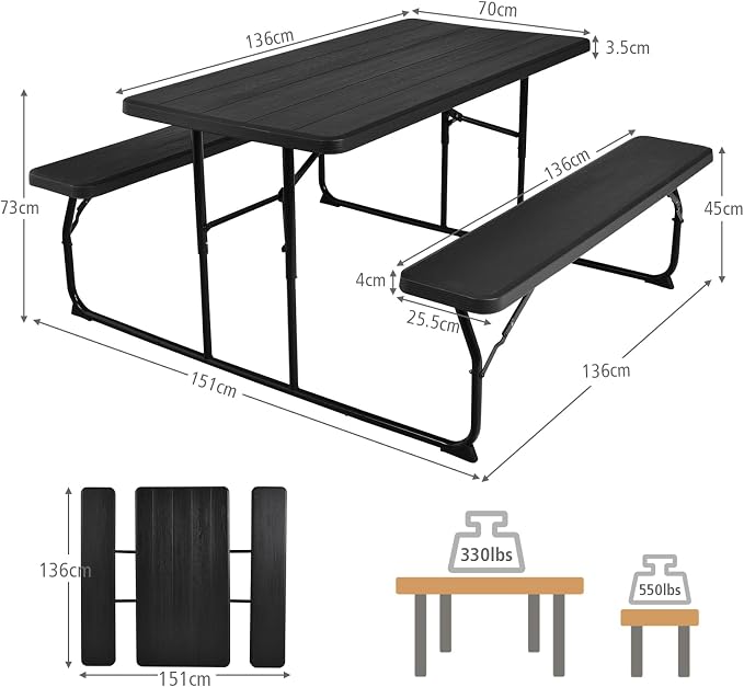 S AFSTAR Folding Picnic Table Bench Set, Foldable Picnic Table with 2 Benches, Outdoor Table and Bench W/Steel Frame & Wood-Like Texture Tabletop, Camping Table Chair Set for Garden Patio Lawn (Black)