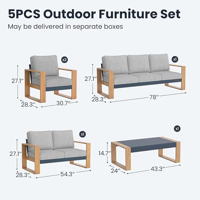 5 Pieces Aluminum Patio Furniture Set, Outdoor Conversation Sets with High Backrest Sofa and Coffee Table for Garden and Backyard