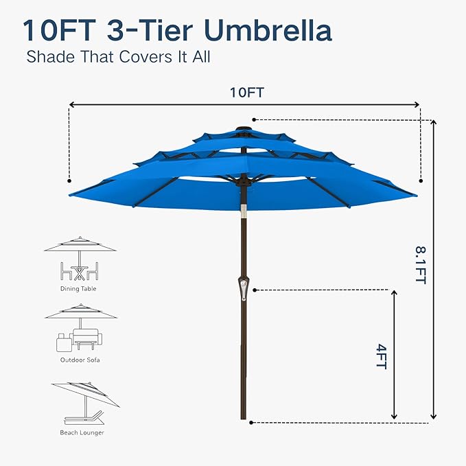 10FT Patio Umbrella 3 Tiers Outdoor Market Umbrella w/Push Button Tilt, Crank, UV and Waterproof Table Umbrella for Garden, Pool, Backyard, Deck, Lawn, Royal Blue
