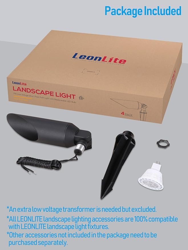 LEONLITE 9 Inch Low Voltage Landscape Spotlight, 12V LED Outdoor Landscape Lighting, with 7W 3000K MR16 Bulbs, Max 50W GU5.3 Base, Die-Cast Aluminum Uplighting for Garden Tree Yard, Black, Pack of 4
