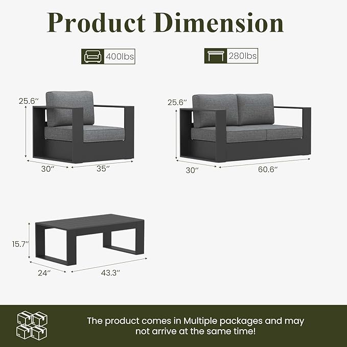 LayinSun Oversized Aluminum Outdoor Furniture Set, 4 Piece Patio Sofa Sets with Coffee Table, Deep Seating and Upgraded 6-inch Cushions for Porch, Balcony, Deck