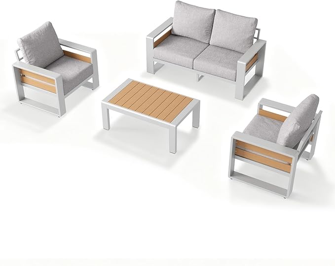 Aoxun Aluminum Patio Furniture Set, 4 Piece Luxury Outdoor Sectional with 6" Olefin Fabric Cushions, Patio Conversation Sets with Coffee Table and Waterproof Cover for Backyard, Porch Grey