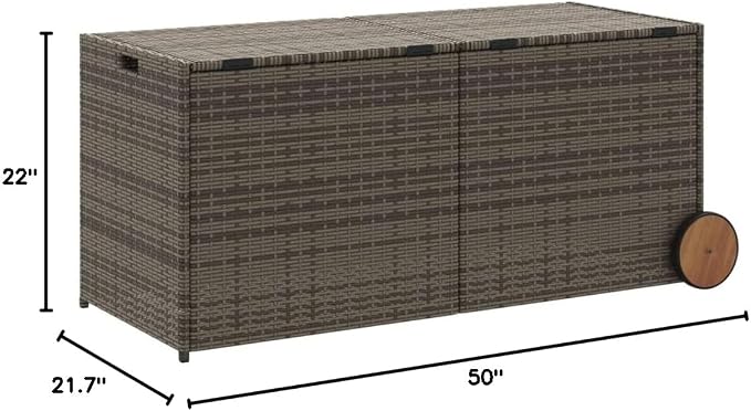 74.8 Gal Outdoor Storage Box with Wheels, Patio Rattan Deck Box, Wicker Garden Storage Bin Deck Box, Poly Rattan Patio Storage Chest with Hinged Lid, 50"x21.7"x22"/23.4" Gray