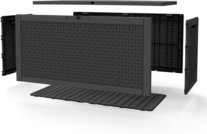 110 Gallon Outdoor Deck Storage Box, All Weather Diamond Woven Textured Lockable Storage Bin for Poolside, Patio & Backyard Large Outdoor Storage (Black,110GAL)