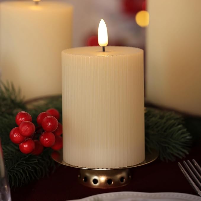 Flickering Flameless Candles with Remote, Real Wax Battery Operated Candles with Timer, 3D Wick Ivory Striped Fake LED Candles for Christmas Home Wedding Party, Gifts for Mom, Set of 3