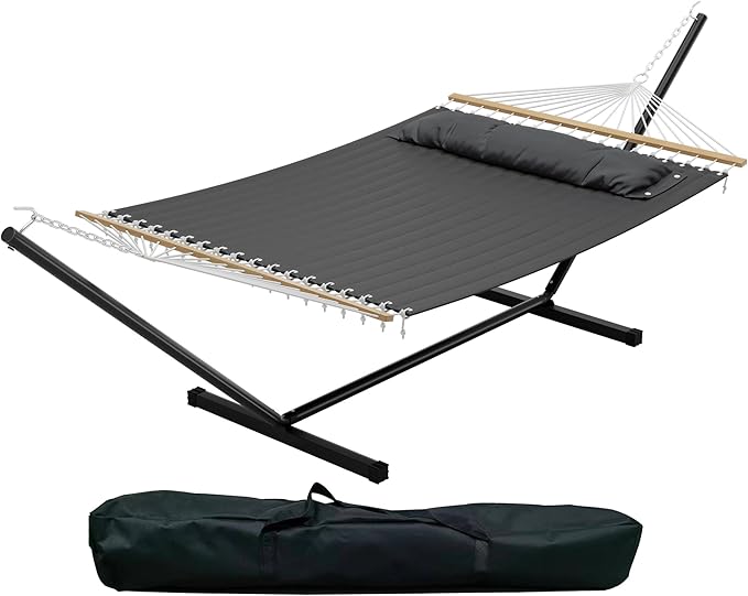 Double Hammock with Stand Included - 2 Person Portable Hammock with Steel Frame Heavy Duty 450lb Capacity for Outside Patio Garden or Indoor Use Brazilian Style Cotton Bed with Carry Bag