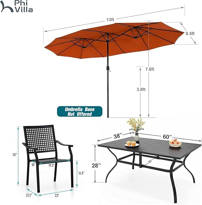 PHI VILLA Outdoor Table Chairs Set w/Umbrella, Patio Metal Furniture for 6 | 60" wrought iron rectangle table & stackable chairs w/ cushions. 13ft red umbrella. 7 pcs furniture set for deck, porch