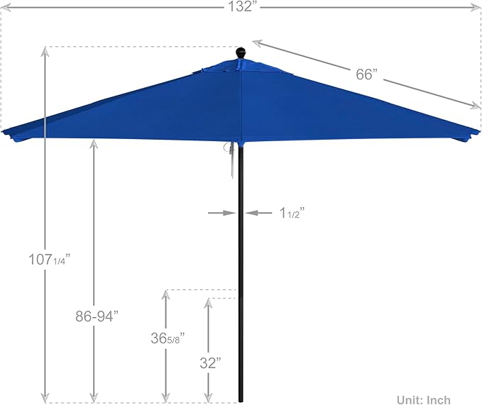 California Umbrella 11Ft Commercial Grade Market Umbrella, Pulley Lift, Aluminum/Fiberglass, 2mm pole wall, Black Frame, Solution Dyed Royal Blue Fabric