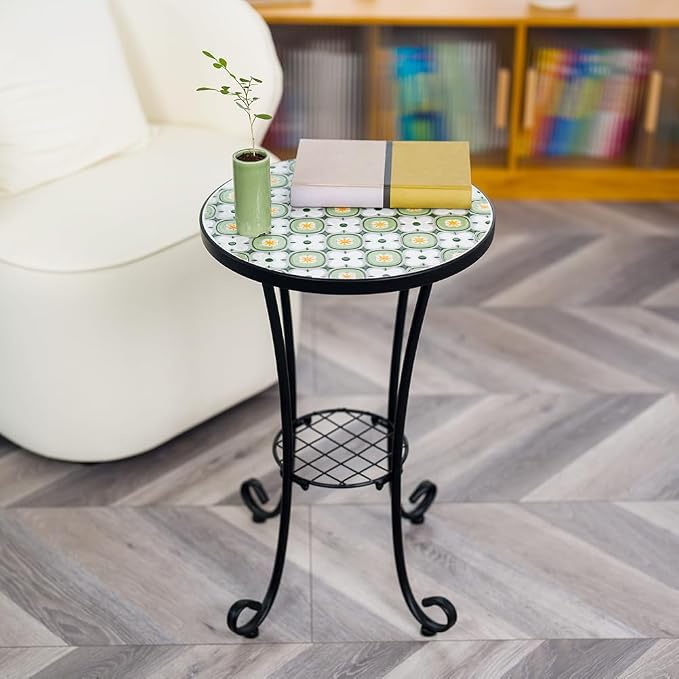 14 Inch Mosaic Patio Side Table with Scroll Legs, Indoor Outdoor Accent Round End Table with Ceramic Tile Tops for Yard, Garden, Living Room, Bistro, B - Granny Square