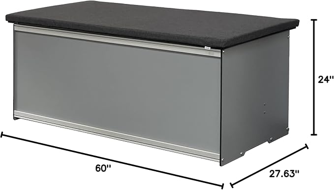 Foreman Waterproof Deck Box - made from Compact Laminate and Anodized Aluminum. Includes a Dark Grey Outdoor Seat Cushion and a Graphite colored All Weather Nylon cover, (Grey)