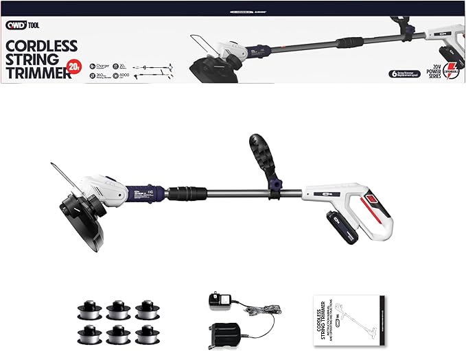 QWD 20v Cordless String Trimmer,Edger & Weed Trimmer (Battery & Charger Included),12 Inches,with 6 pcs Grass Cutter Spool line.