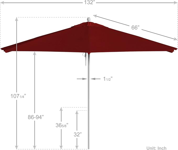 California Umbrella 11Ft Commercial Grade Market Umbrella, Pulley Lift, Aluminum/Fiberglass, 2mm pole wall, White Frame, Solution Dyed Red Fabric