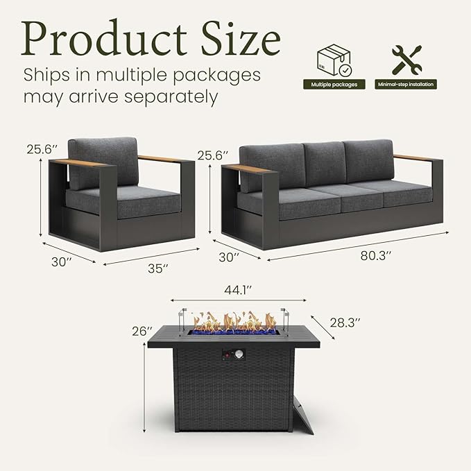 LayinSun 4 Pieces Aluminum Patio Furniture Set with Fire Pit Table, Oversized Outdoor Conversation Set 5 Seats with 6" Thick Cushions for Outside Porch, Balcony, Deck