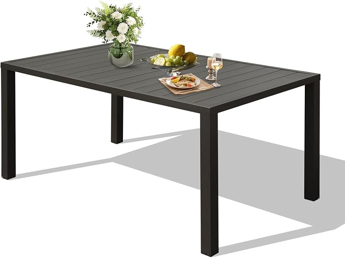 Domi Outdoor Dining Table for 8, Rectangular Metal Patio Table with Umbrella Hole for Deck Garden Lawn Backyard Use, Brown