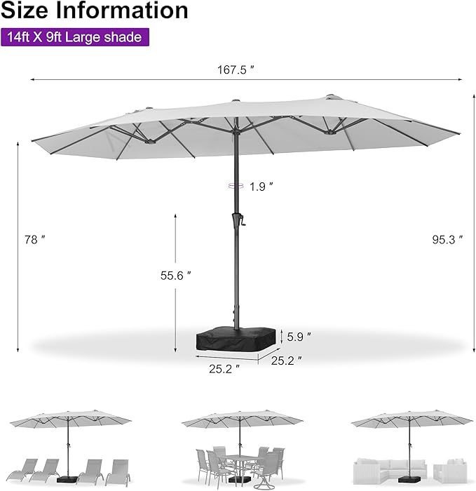 PURPLE LEAF 14ft Patio Umbrella Outdoor Double-Sided Umbrella with Base and Crank Rectangle Market Table Umbrella for Pool Deck Garden, Cream