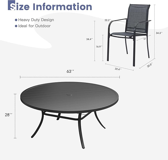 VICLLAX Round Outdoor Dining Set, Patio Table and Chairs Set Set of 10 Patio Stackable Chairs and 63" Outdoor Round Table with Umbrella Hole for Backyard Lawn Garden, Dark Grey Chairs and Black Table