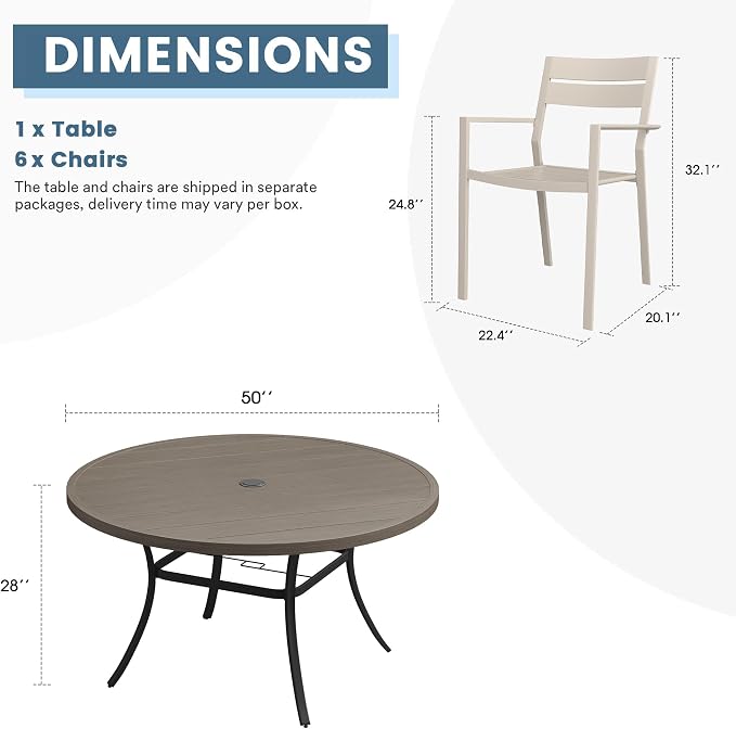 DIFY 7 Piece Outdoor Patio Dining Set for 6, Patio Table and Chairs Set with Umbrella Hole, 50" Round Dining Table and Stackable Metal Chairs for Backyard Garden Poolside, Grey Wood-Like & Sandshell
