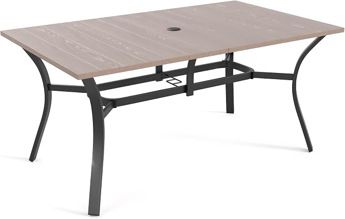 7-Piece Outdoor Dining Set - Rectangular Patio Table with Umbrella Hole and 6 Stackable Dining Chairs All-Weather for Garden, Deck, and Poolside (Natural, 63"L x 38"W x 28"H Rectangle Dining Table)