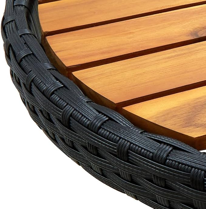 Rustic Style Outdoor Folding Table Small Foldable Acacia Wood Tea Table Compact Folding Tea for Garden Round Black PE Rattan