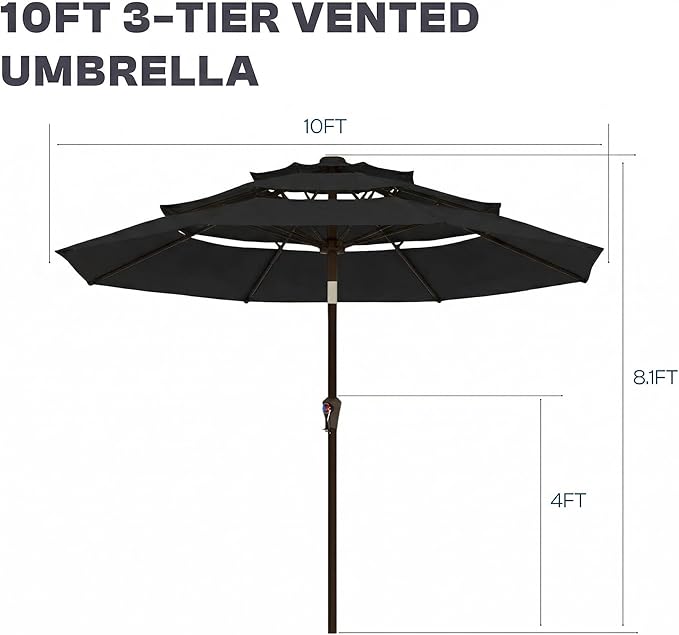 10ft 3 Tier Patio Umbrella, Outdoor Market Table Umbrella with UPF 50+ Vented Canopy, 8 Sturdy Ribs, Easy Push Button Tilt and Crank, Windproof for Deck, Pool, Backyard and Garden