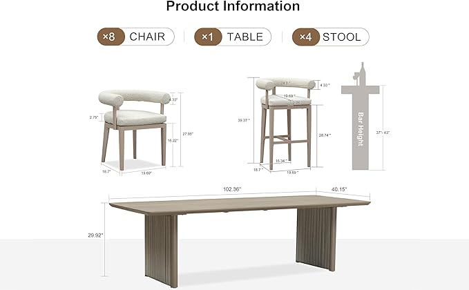 PURPLE LEAF Patio Dining Set 9 Pieces Luxury Modern Conversation Set with Bar Height Stools Aluminum Large Rectangle Dining Table and Chairs with Olefin Cushion Outdoor Furniture Set for Garden Deck
