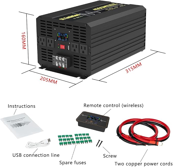 4000W Pure Sine Wave Power Inverter 12V DC to 120V AC 60HZ with LCD Display, USB Port, Wireless Remote Control(10M), Solar, Outdoor