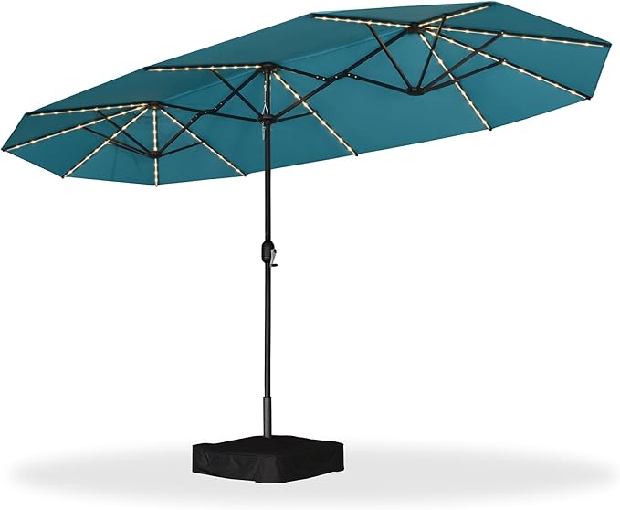 PURPLE LEAF 13ft Patio Market Umbrella with Solar LED and Base Double-Sided Rectangle Outdoor Table Sun Umbrellas with Crank for Pool Beach Deck Backyard Turquoise Blue