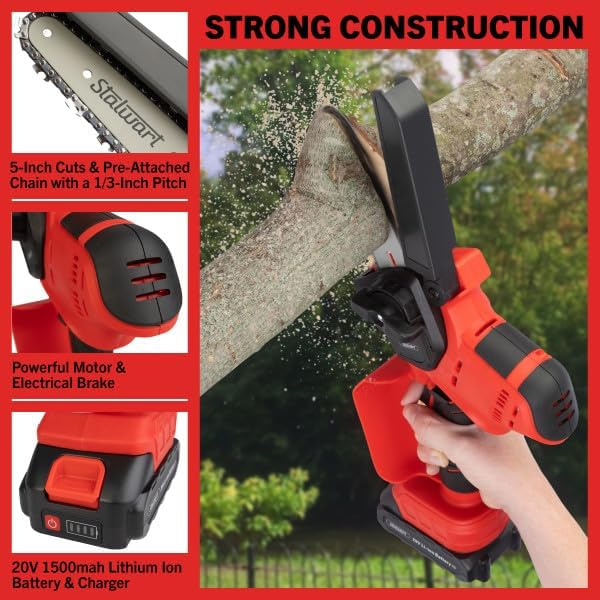 Mini Chainsaw - 5-Inch Chain Saw with 20V 1500mah Lithium Ion Battery, Charger, and Carry Case - Handheld Saw for Wood Cutting by Stalwart (Black/Red)