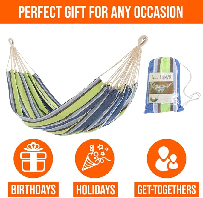 Castaway Living Large Blue & Green Stripe Brazilian Double Hammock with Matching Storage Bag, Designed in The USA, Perfect for Backyard, Patio, Bedroom, Beach & More