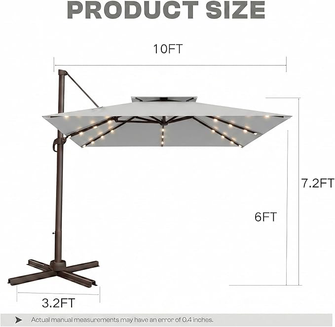 10FT Cantilever Patio Umbrella with Solar Lights, Large Outdoor 2 Tier Aluminum Offset Square Umbrellas 360 Degree Rotation for Garden Deck Pool