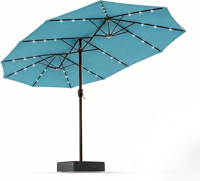 15FT Patio Umbrella with Solar Lights, Double-Sided Extra Large Outdoor Table Umbrella with Base Included, Heavy-Duty 12 Iron Ribs Market Umbrella for Garden, Pool, Backyard, Sky Blue