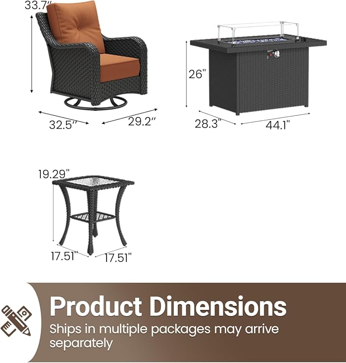 7 Pieces Outdoor Furniture Set with 6-inch Cushions, High Back Wicker Swivel Rocker Chairs with Fire Pit Table, Luxury Conversation Set for Deck Patio and Poolside