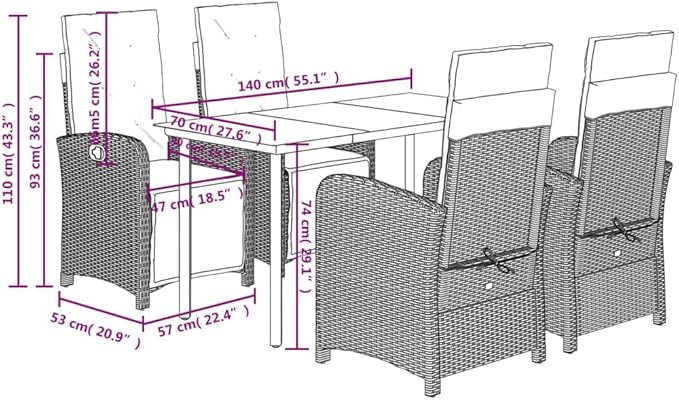 Backyard Furniture Patio Conversation Sets Outdoor Seating 5 Piece Patio Dining Set with Cushions Black Poly Rattan Suitable for Gardens, Balconies, Decks