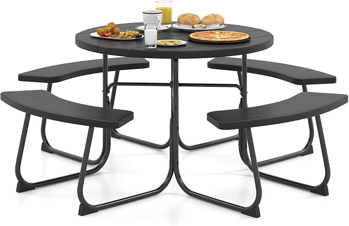 Moccha Picnic Table Bench Set - Outdoor Table and Chairs with Umbrella Hole, HDPE Tabletop & Metal Frame, Dining Table Set, Outdoor Camping Table for Garden Backyard Porch Patio Table Set (Black)